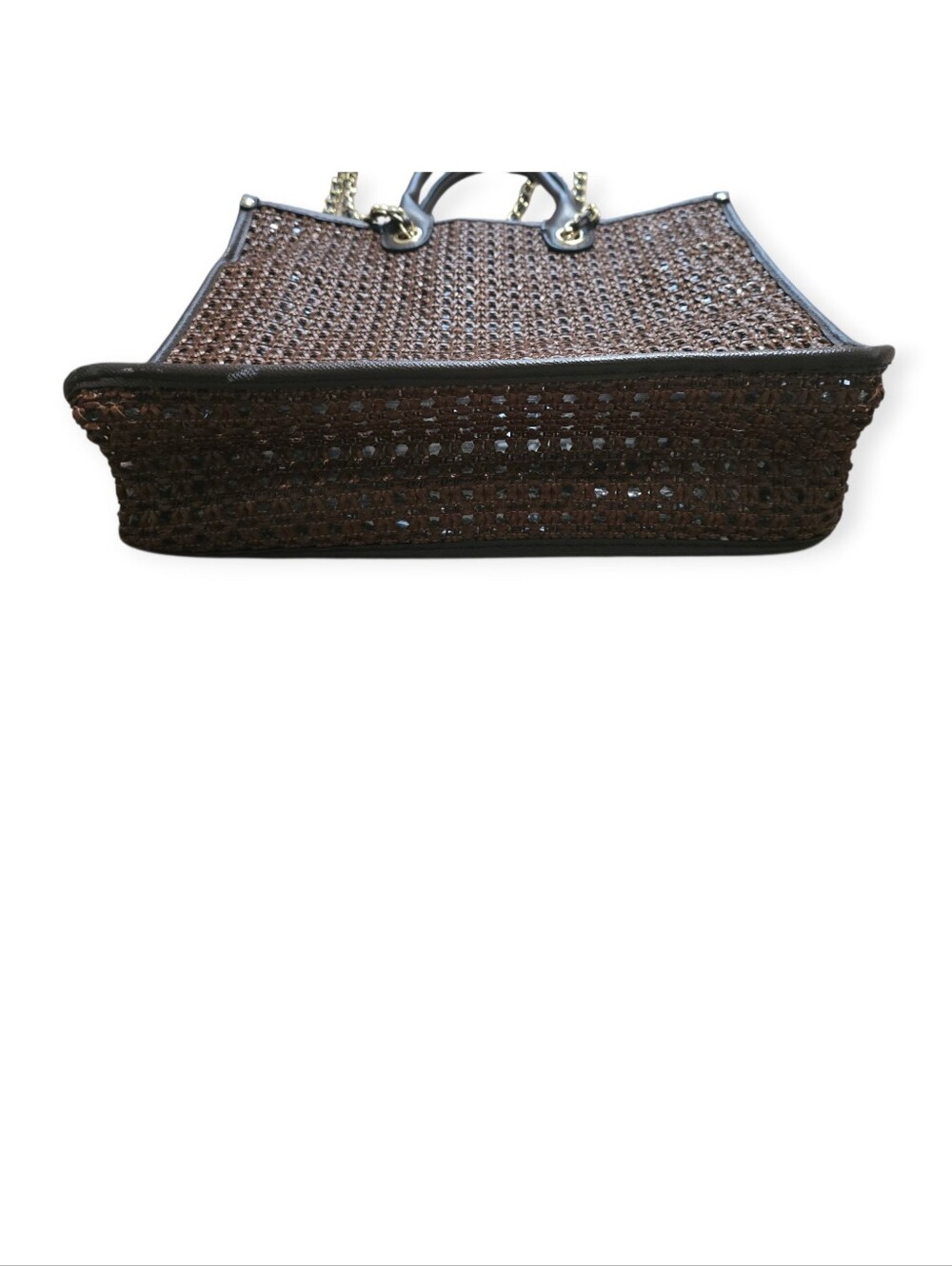 Steve Madden Brown Woven Tote with Black Trim and Gold Chain - Picture 5 of 10